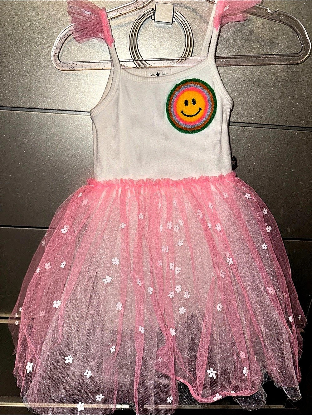 Petite Hailey Pink White Tutu Dress with Smiley Patch Girls 3
